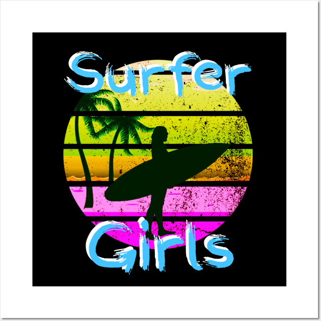 Retro Surfer Girls Funny Surfing Girl Pink Sunset Surf Girl Wall Art by Bezra